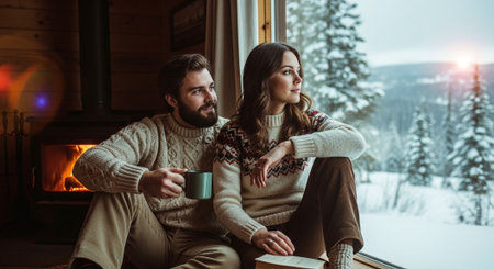 Young couple sitting on the windowsill and drinking coffee in the winter.の素材