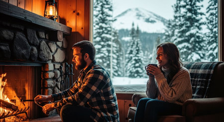 Young couple sitting in front of a fireplace, drinking hot tea and talkingの素材