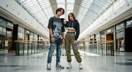 Young couple in the shopping mall. Young man and woman in casual clothesの素材