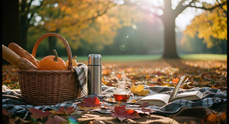 Autumn picnic in park. Basket with food, book and cup of teaの素材