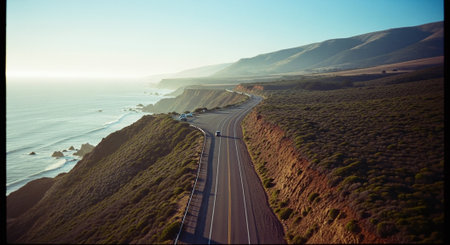 Aerial view of the road to the Pacific Ocean. California, USAの素材