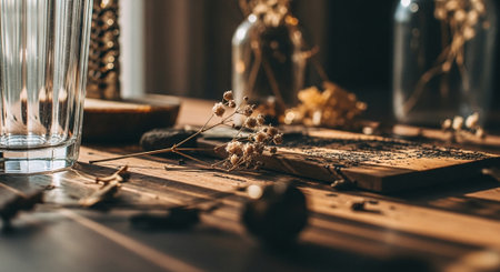 close up view of dried flowers in glass vase on wooden tableの素材