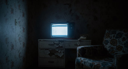 Old TV on the table in the dark room. The concept of television addictionの素材