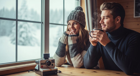 Beautiful young couple is drinking coffee and smiling while sitting at the cafe indoorsの素材