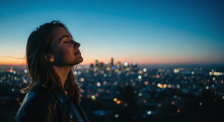 Beautiful young woman enjoying the view of the city at sunset.の素材