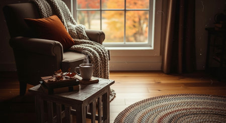 Cozy living room with armchair, coffee cup and autumn leavesの素材