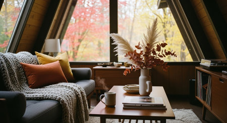 Interior of cozy living room with sofa, coffee cup and vase with autumn leaves.の素材