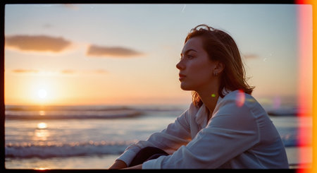 Young woman sitting on the beach at sunset and looking at the seaの素材