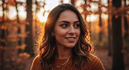 Portrait of a beautiful young woman in the autumn forest at sunset.の素材