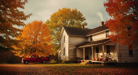 Vintage american red car parked in front of an old house in the fallの素材