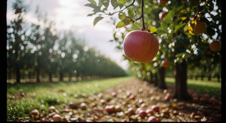 Apple orchard with ripe red apples on tree branches in orchardの素材