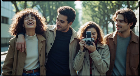 Group of friends taking photos of themselves with vintage camera in the cityの素材
