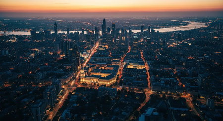 Aerial view of Frankfurt am Main, Germany at sunset. Panoramic image.の素材