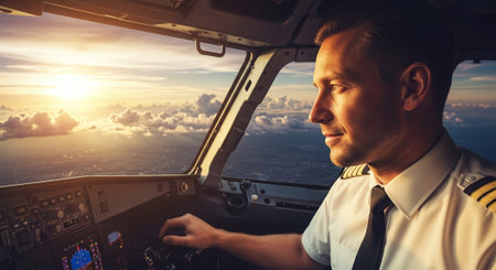 Pilot in the cockpit of an airplane on the background of the sunsetの素材