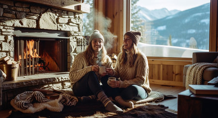 Two happy young women sitting on the floor in front of fireplace and drinking hot coffee.の素材