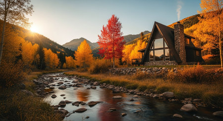 Autumn landscape with a wooden house in the middle of a mountain riverの素材