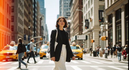 Beautiful young woman walking in New York City, wearing black jacket and white pants, crossing the street.の素材