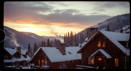 beautiful winter landscape with snow covered houses in the mountains at sunsetの素材
