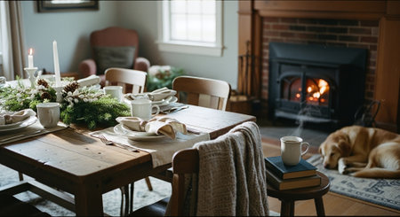 Interior of a country house with fireplace and christmas tree.の素材