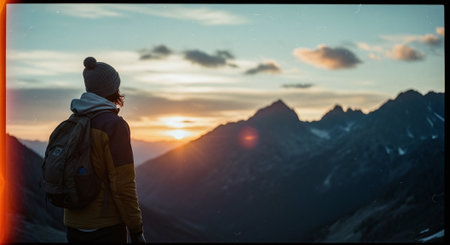 Silhouette of a hiker looking at the sunset in the mountainsの素材
