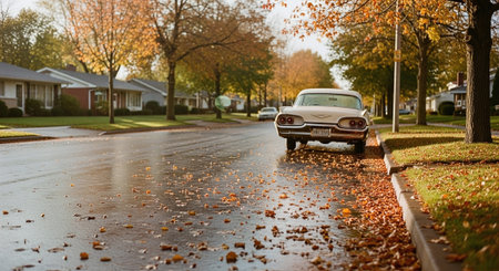 Wet road after rain with old classic car in the foreground.の素材