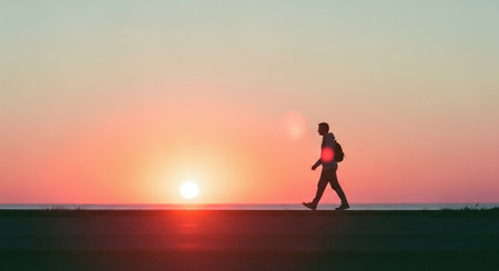 Silhouette of a man running on the road at sunset.の素材