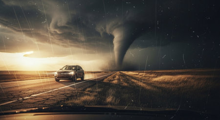 Car on the road with storm in the background. 3d renderingの素材
