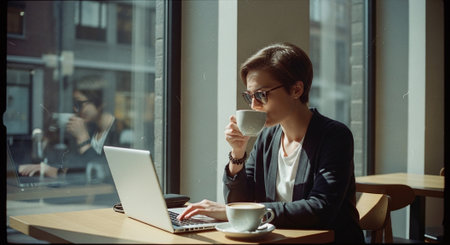 Young businesswoman drinking coffee in cafe and working on laptop computer.の素材