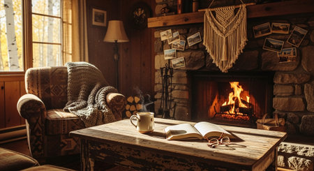 Cozy living room with fireplace, cozy armchair, book, cup of coffee and knitted sweater.の素材