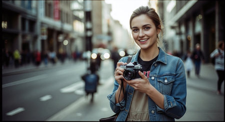 Portrait of a smiling young woman with camera in the city.の素材