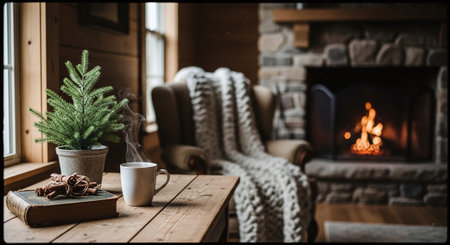 Cozy living room with fireplace, cup of hot drink and knitted plaidの素材