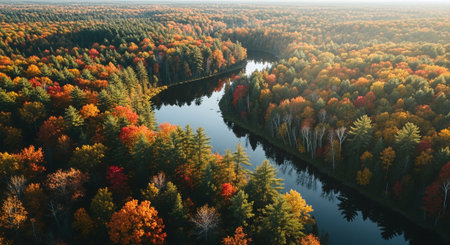 Aerial view of river in autumn forest. Top view of river and trees.の素材