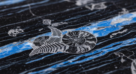 Close up of a black and white fossil print on a blue backgroundの素材