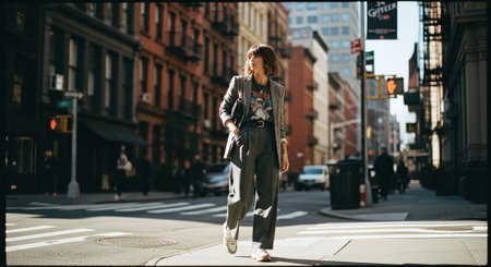 Beautiful young businesswoman walking on the street in New York Cityの素材