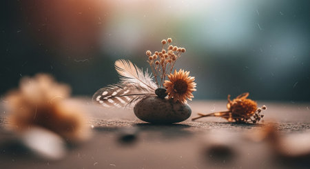 bouquet of dried flowers on a stone with a feather.の素材