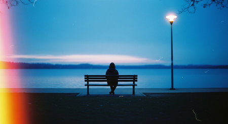 Silhouette of a woman sitting on a bench by the lake at nightの素材