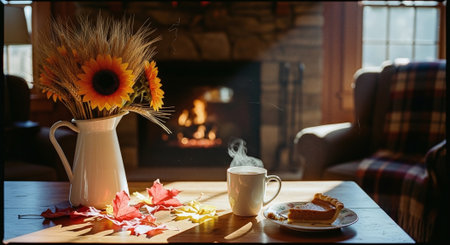 Cup of coffee with cake and sunflowers on table in front of fireplaceの素材