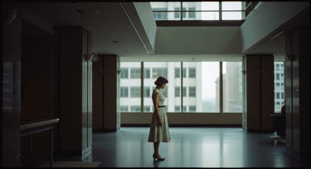 Rear view of young businesswoman standing in corridor of modern office buildingの素材