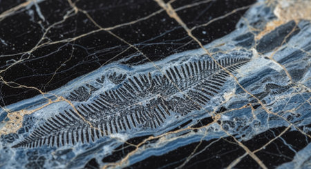 Fossilized petrified heart on black marble background. Macroの素材