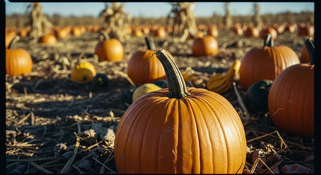Pumpkin patch on sunny Autumn day. Colorful pumpkins ready for Halloween.の素材