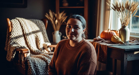 Young woman sitting at the table with pumpkins in cozy home interiorの素材