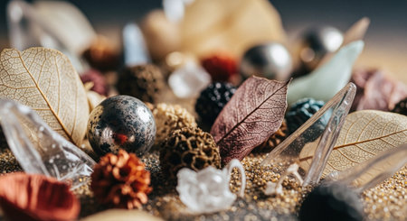 Christmas decoration with golden and silver balls, pine cones and dry leavesの素材