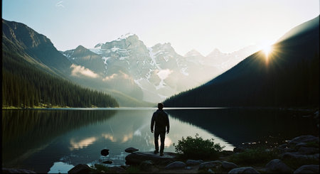 Man standing on the edge of a mountain lake and looking at the mountainsの素材