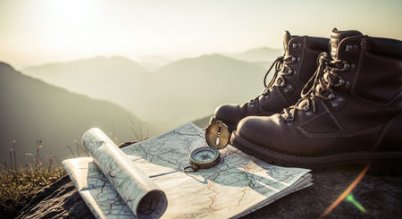 Trekking boots with map and compass on top of the mountainの素材