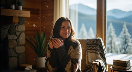 Portrait of a young woman in a warm knitted sweater with a cup of hot coffee on the background of the window.の素材