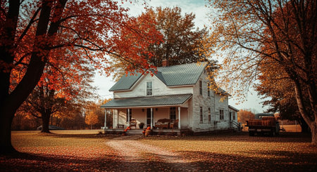 Vintage photo of old house in autumn forest. Beautiful nature background.の素材