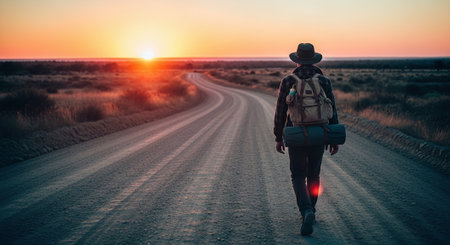 Hiking man with backpack on the road at sunset. Travel and adventure conceptの素材