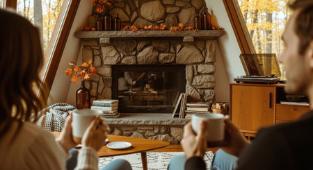 Young couple drinking coffee in front of fireplace at home in autumn dayの素材