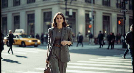 Beautiful young brunette woman in a business suit on the streetの素材
