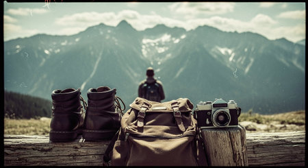 Hiking equipment, backpack, camera and binoculars on top of a mountainの素材